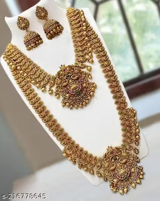 Traditional Lakshmi Devi Haram Necklace Set for Women | Gold Plated Matte Finish Temple Jewellery with Earrings | Bridal & Festive Jewellery Set 🛍️ swatistore.com