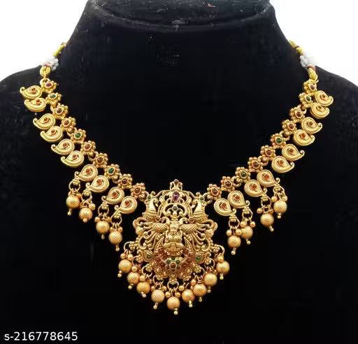Traditional Lakshmi Devi Haram Necklace Set for Women | Gold Plated Matte Finish Temple Jewellery with Earrings | Bridal & Festive Jewellery Set ποΈ swatistore.com