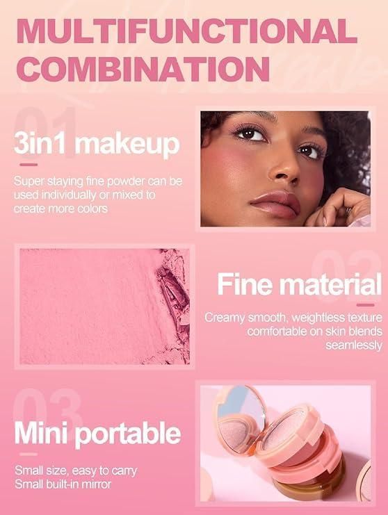 3 in1 Face Blusher + Highlighter with Mini Compact Travel Friendly Palette mkp0fp-jd