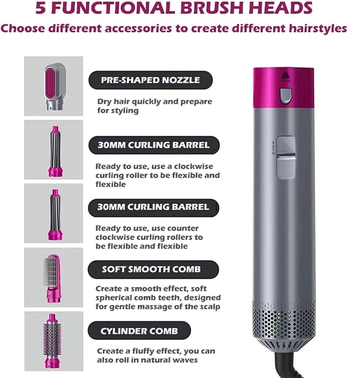 5 in 1 Multifunctional Hair Dryer Styling Tool, Detachable 5-in-1 Multi-Head Hot Air Comb, The Negative Ion Automatic Suction Hair Curler mkp0fp-jd