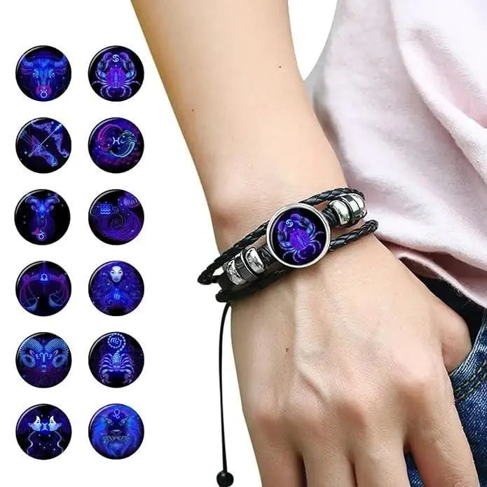 Zodiac Constellation Braided Design Black Leather Bracelet Adjustable mkp0fp-jd