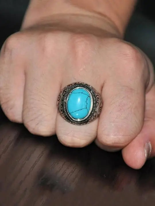 Men Silver-Plated Blue Stone Studded Oxidized Ring mkp0fp-jd