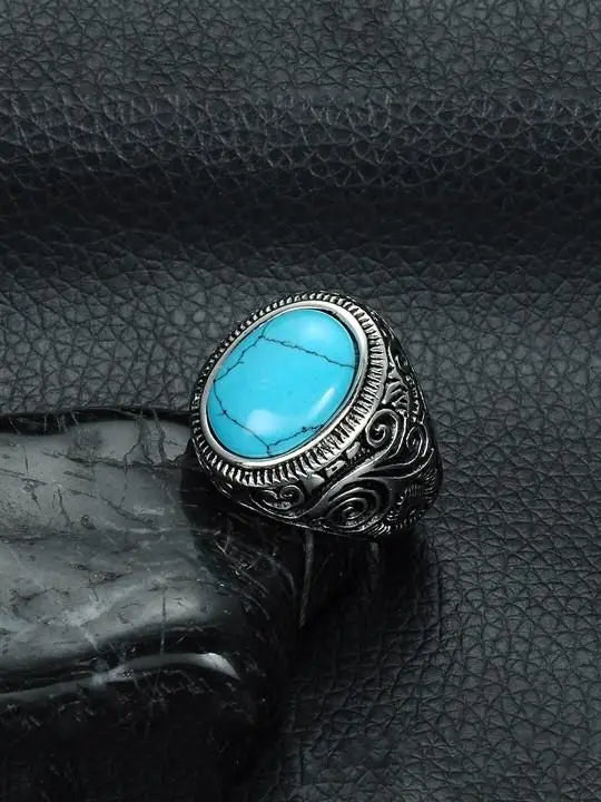 Men Silver-Plated Blue Stone Studded Oxidized Ring mkp0fp-jd
