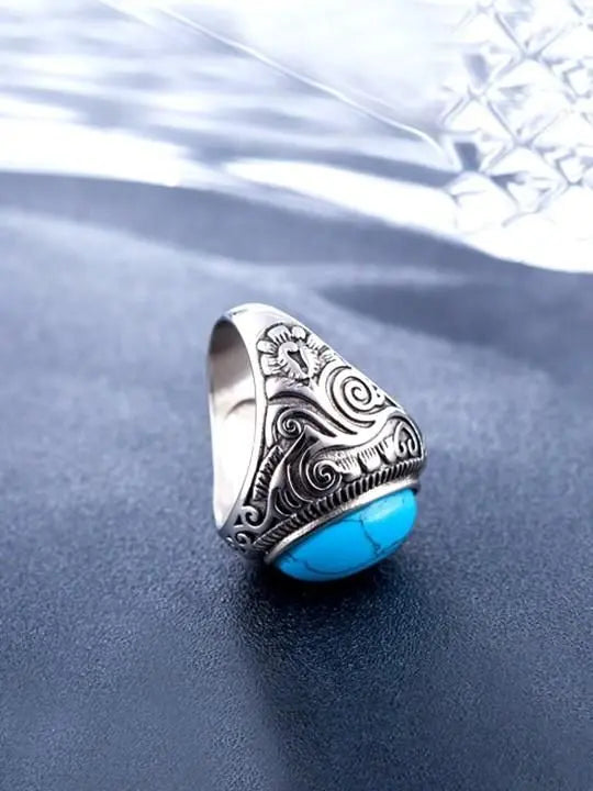 Men Silver-Plated Blue Stone Studded Oxidized Ring mkp0fp-jd