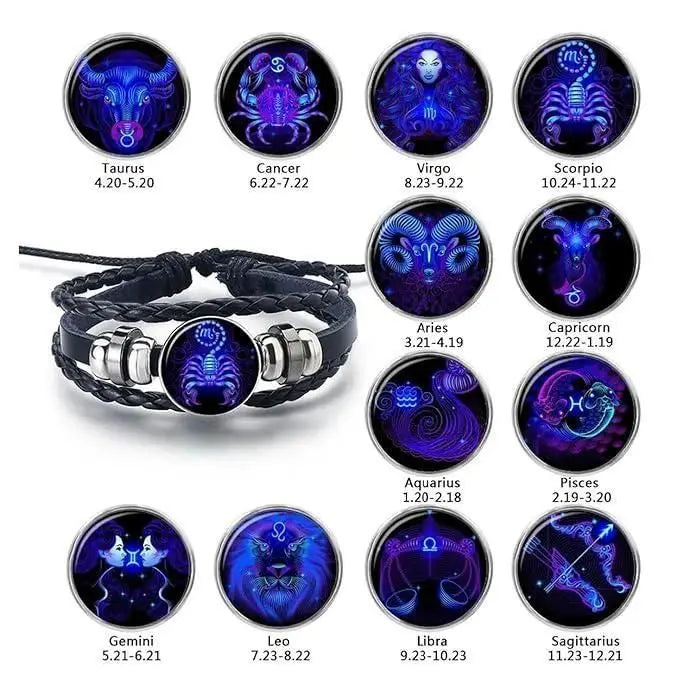 Zodiac Constellation Braided Design Black Leather Bracelet Adjustable mkp0fp-jd
