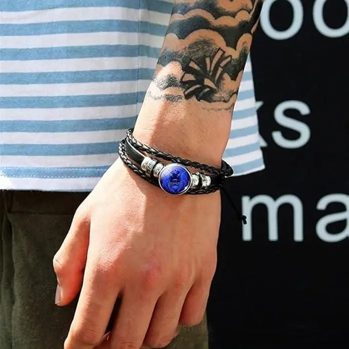 Zodiac Constellation Braided Design Black Leather Bracelet Adjustable mkp0fp-jd