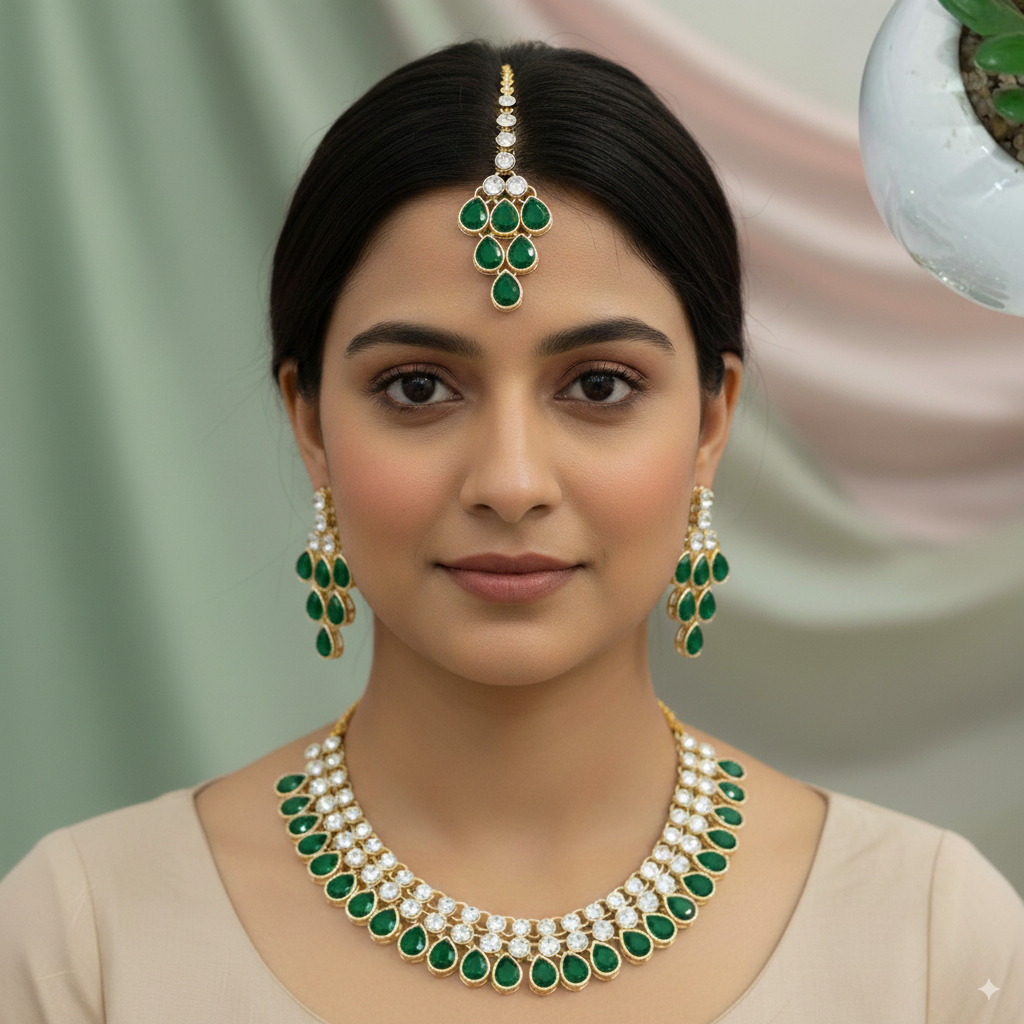 Exquisite Gold-Plated Necklace Set with Square Gemstones and Beads