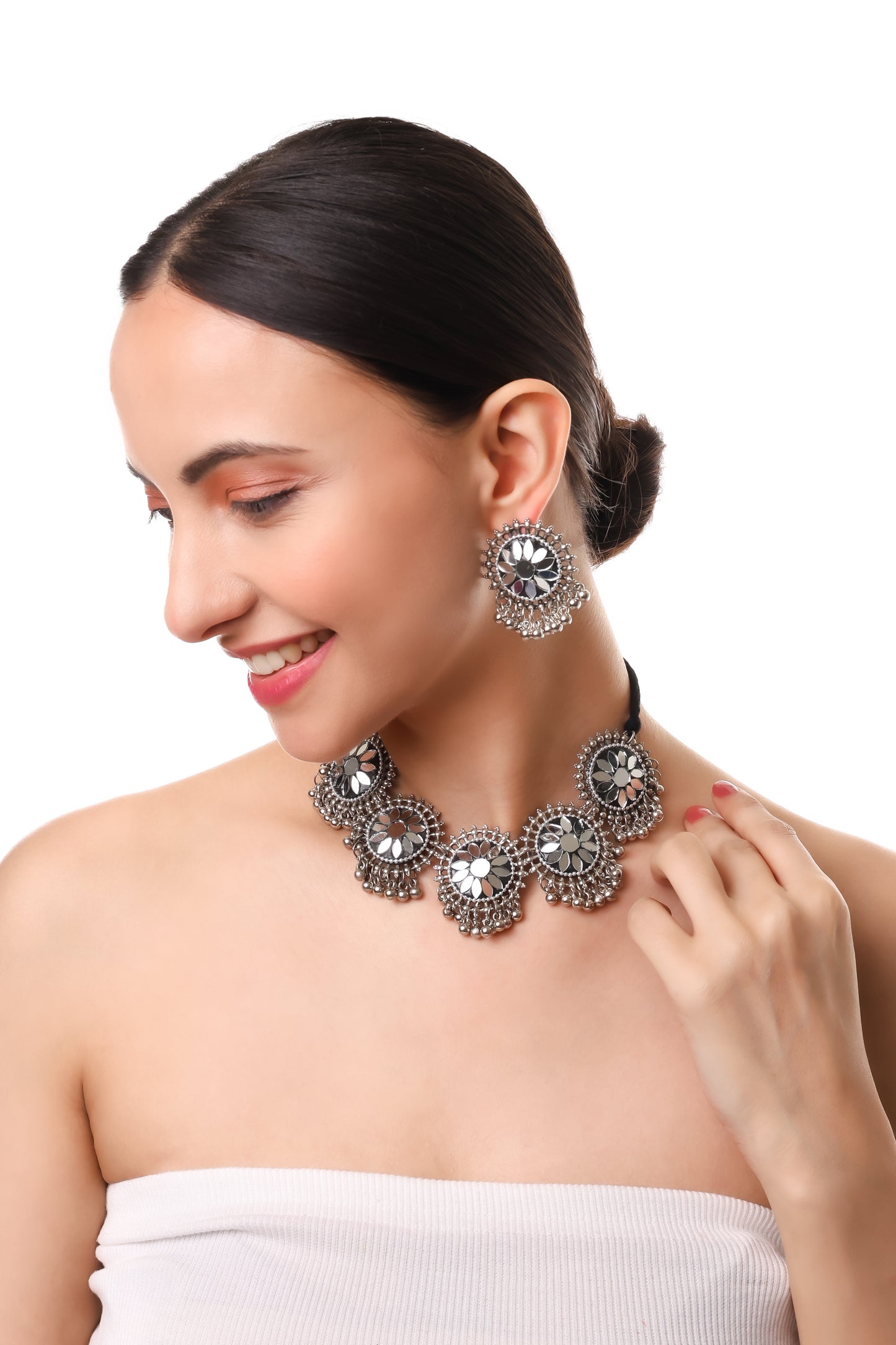 Traditional German Oxidised Mirror Necklace Set for Women and Girls Jewellery Set with Earring