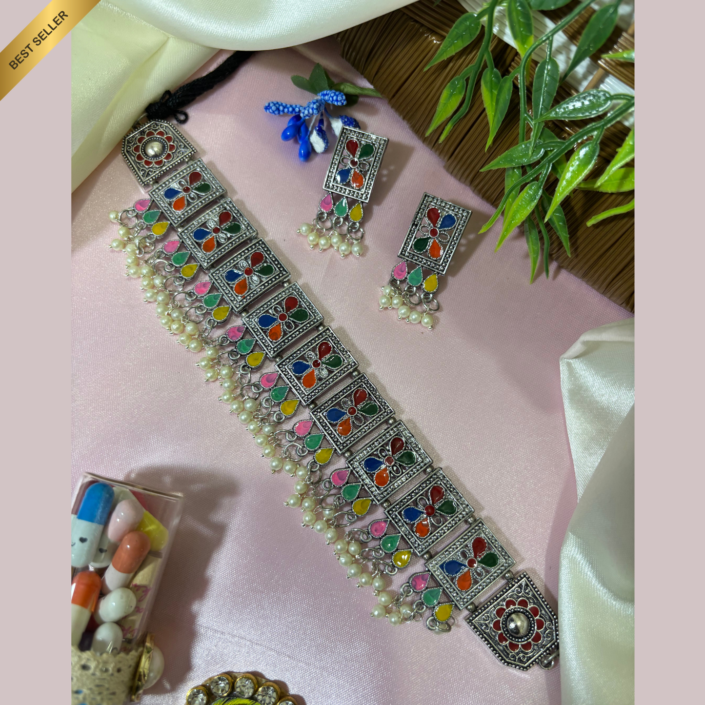 Oxidized German silver choker necklace with matching earrings