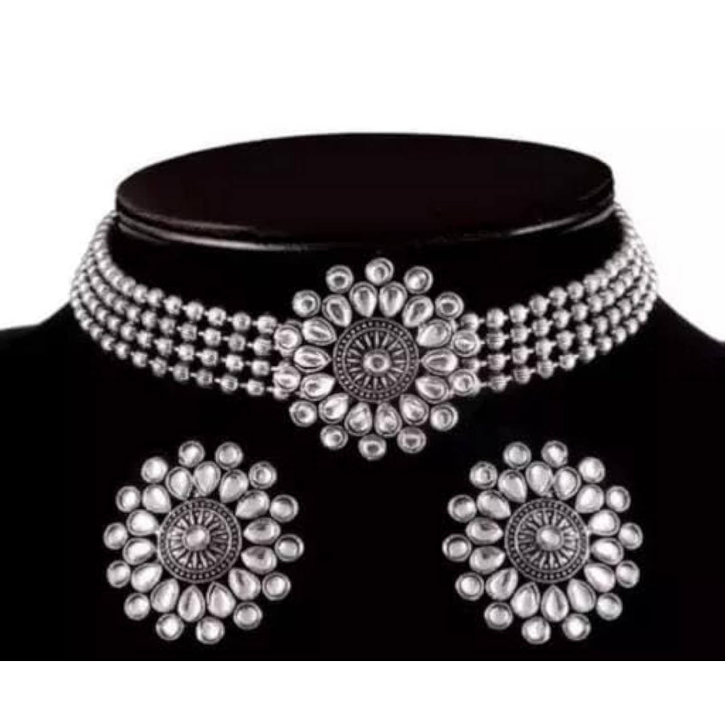 Silver-Plated Oxidised Stone-Studded & Beaded Necklace & Earrings