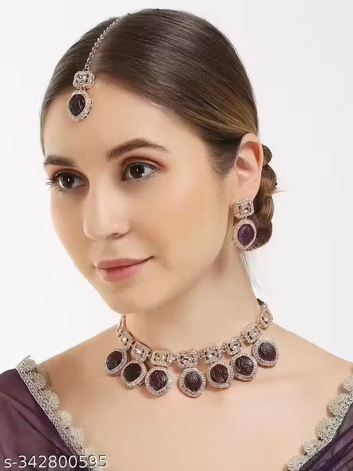 Carving Premium Beads Rose Gold Finish Designer Necklace Set 🛍️ swatistore.com