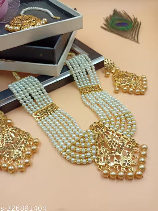lassic Pearl Gold Plated Long Haram Necklace Set for Women