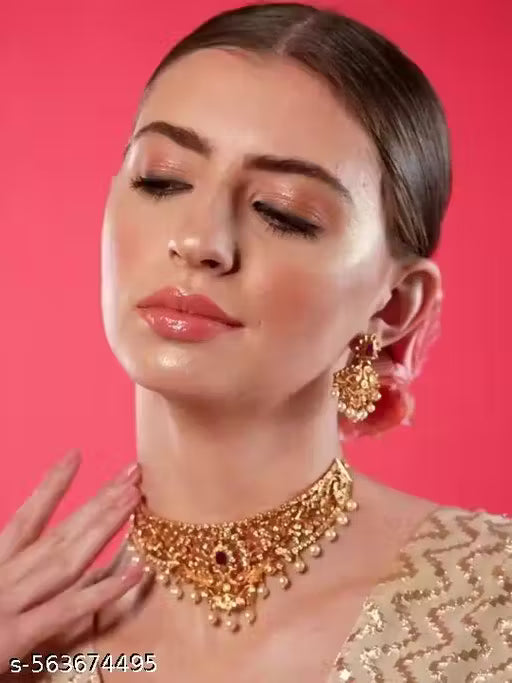 Gold Plated Ruby Pink Jewellery Set 🛍️ swatistore.com