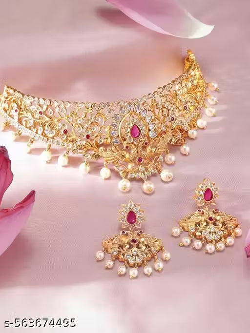 Gold Plated Ruby Pink Jewellery Set 🛍️ swatistore.com