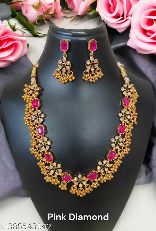 Gold Plated Green-Pink Diamond Jewellery Set