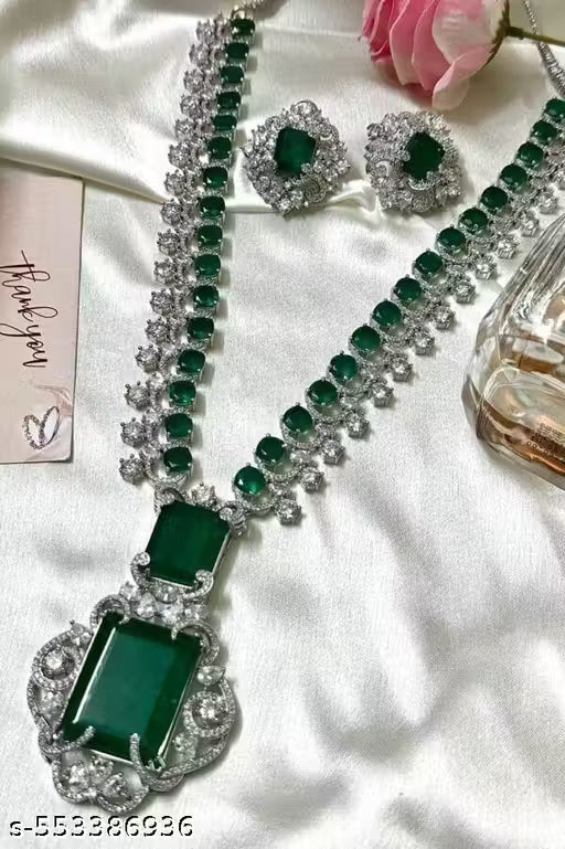 Nita Ambani inspired emerald green AD American diamond and cubic zirconia necklace with earrings for women's and girls
