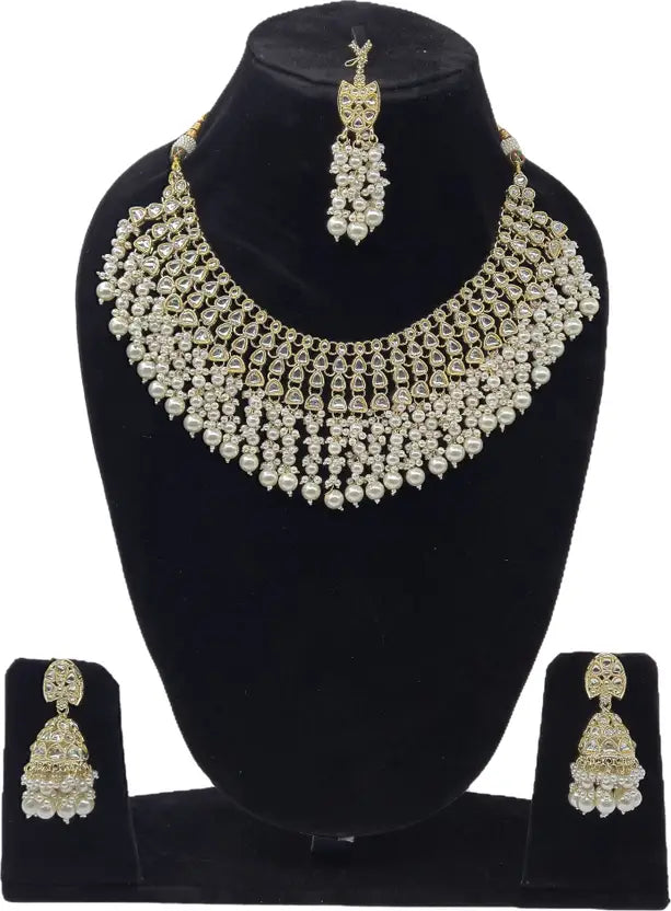 Gold-Plated Stone-Studded Necklace and Earrings With Maang Tika