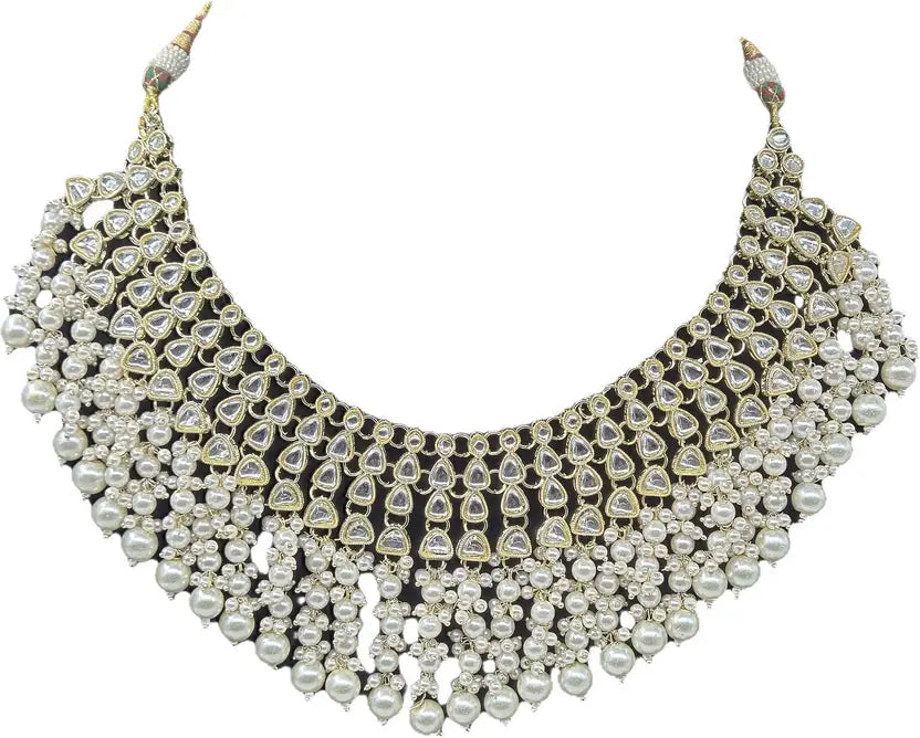 Gold-Plated Stone-Studded Necklace and Earrings With Maang Tika