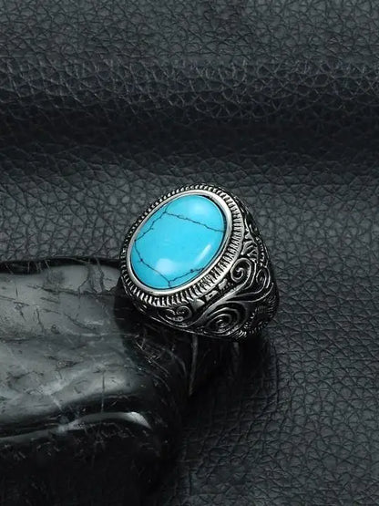 Men Silver-Plated Blue Stone Studded Oxidized Ring mkp0fp-jd