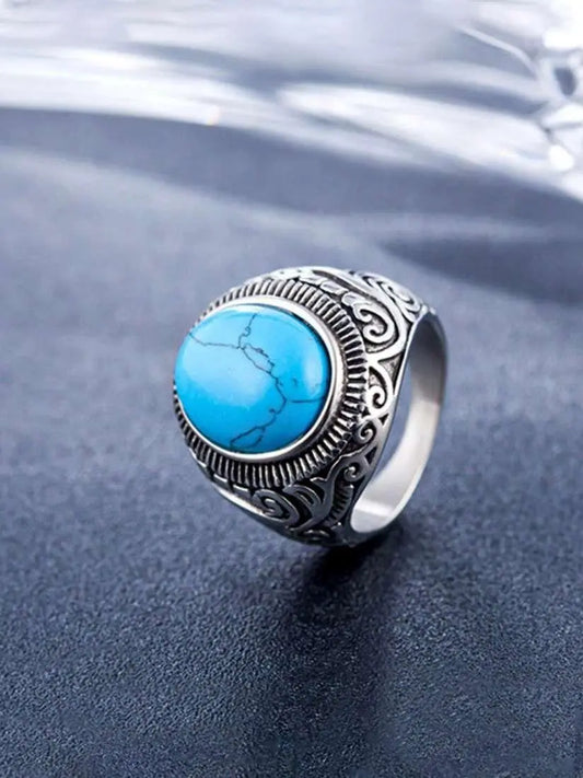 Men Silver-Plated Blue Stone Studded Oxidized Ring mkp0fp-jd