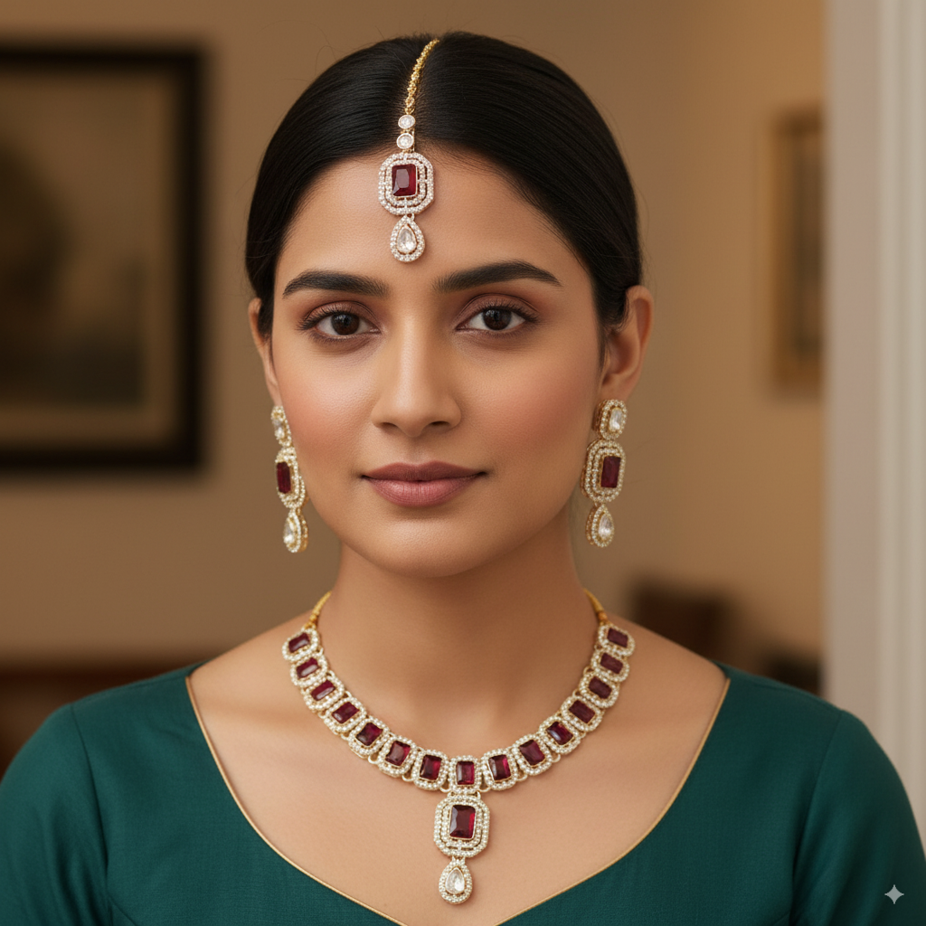 Elegant Ruby Red & White Stone Studded Necklace Set