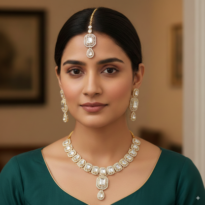 Elegant Ruby Red & White Stone Studded Necklace Set