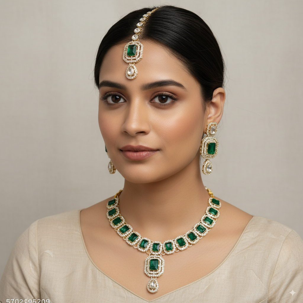 Elegant Ruby Red & White Stone Studded Necklace Set