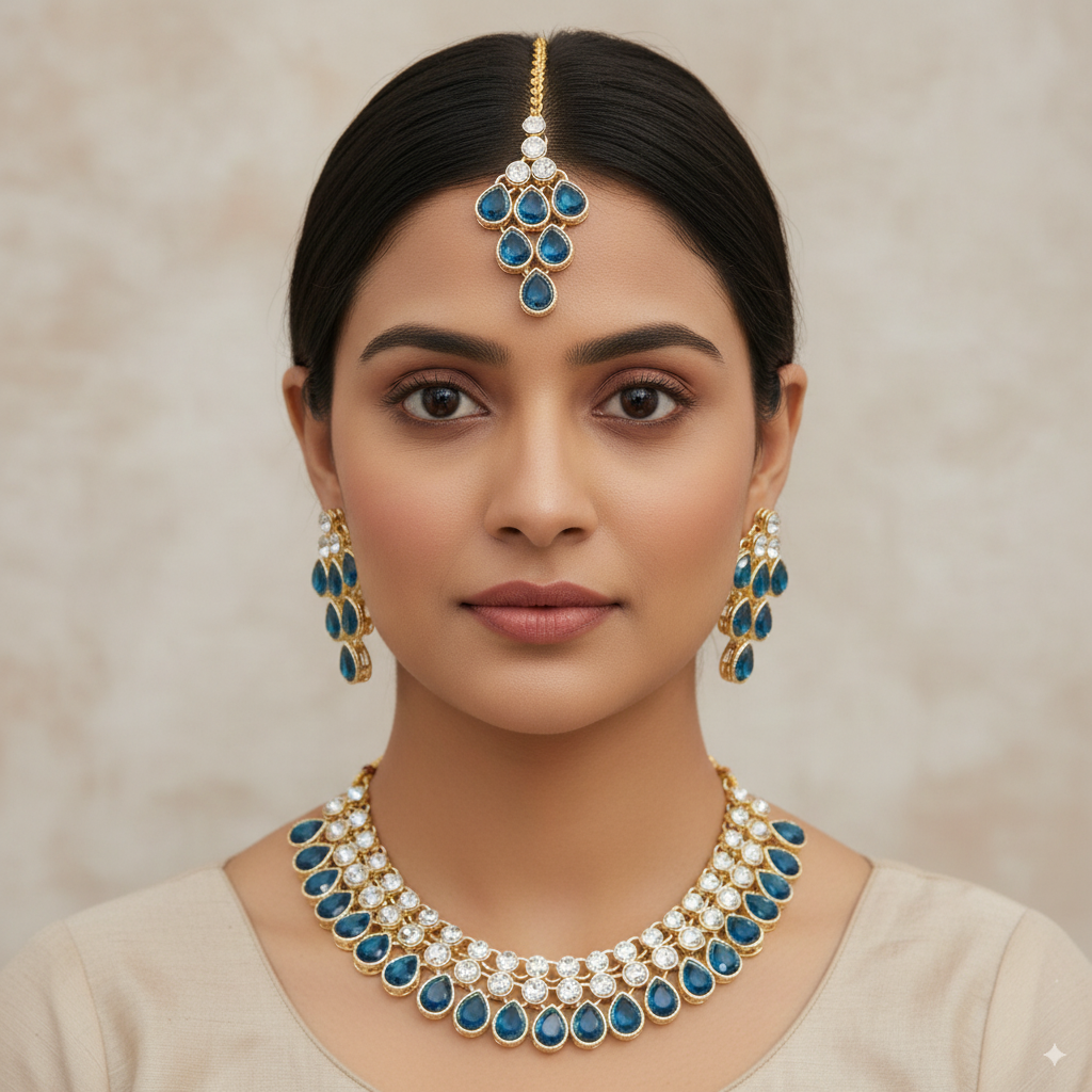 Exquisite Gold-Plated Necklace Set with Square Gemstones and Beads