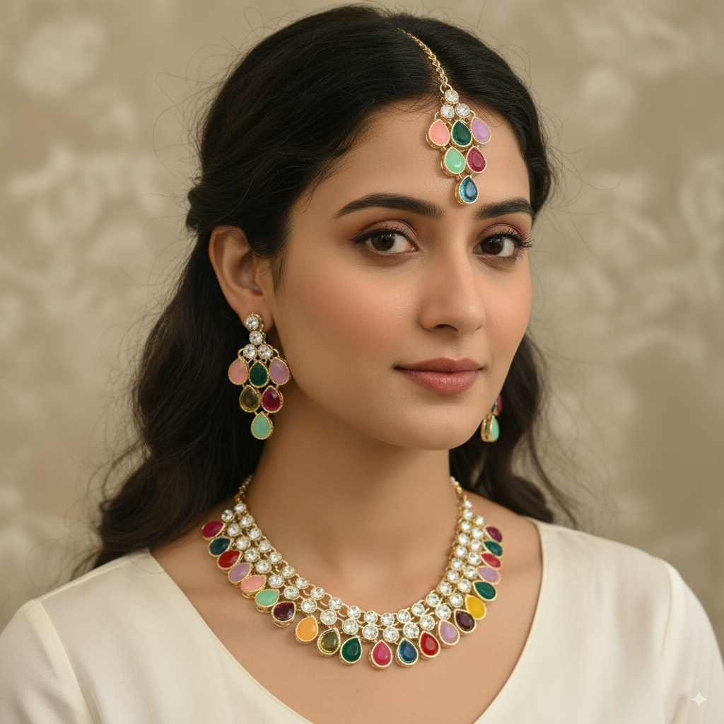 Exquisite Gold-Plated Necklace Set with Square Gemstones and Beads