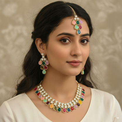 Exquisite Gold-Plated Necklace Set with Square Gemstones and Beads
