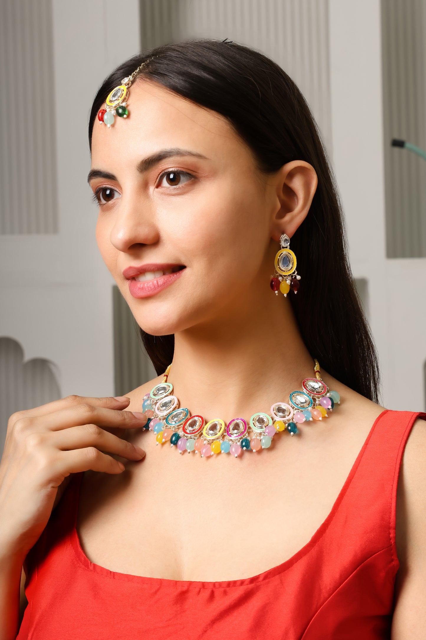 Bridal Choker Necklace & Earrings Set for Women and Girls Embellished with Kundan & Pearl