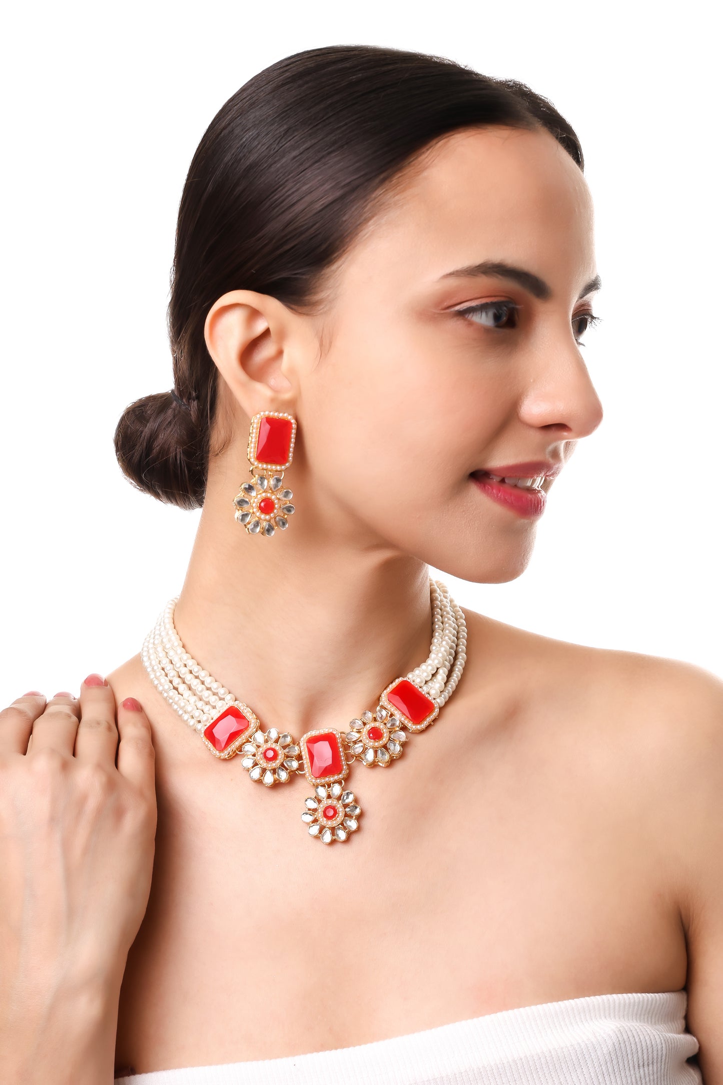 Pearl Multi String Five Layered Rajasthani Style Vintage Necklace Set With Earrings Jewellery For Women & Girls