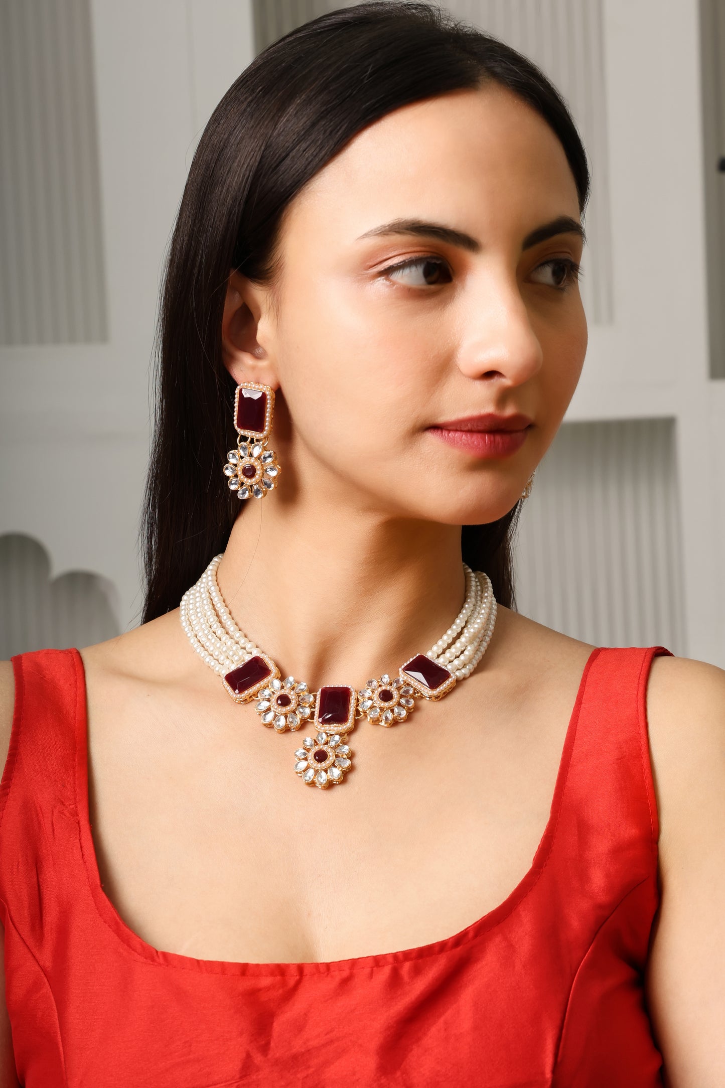 Pearl Multi String Five Layered Rajasthani Style Vintage Necklace Set With Earrings Jewellery For Women & Girls