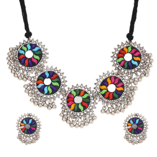 Traditional German Oxidised Mirror Necklace Set for Women and Girls Jewellery Set with Earring