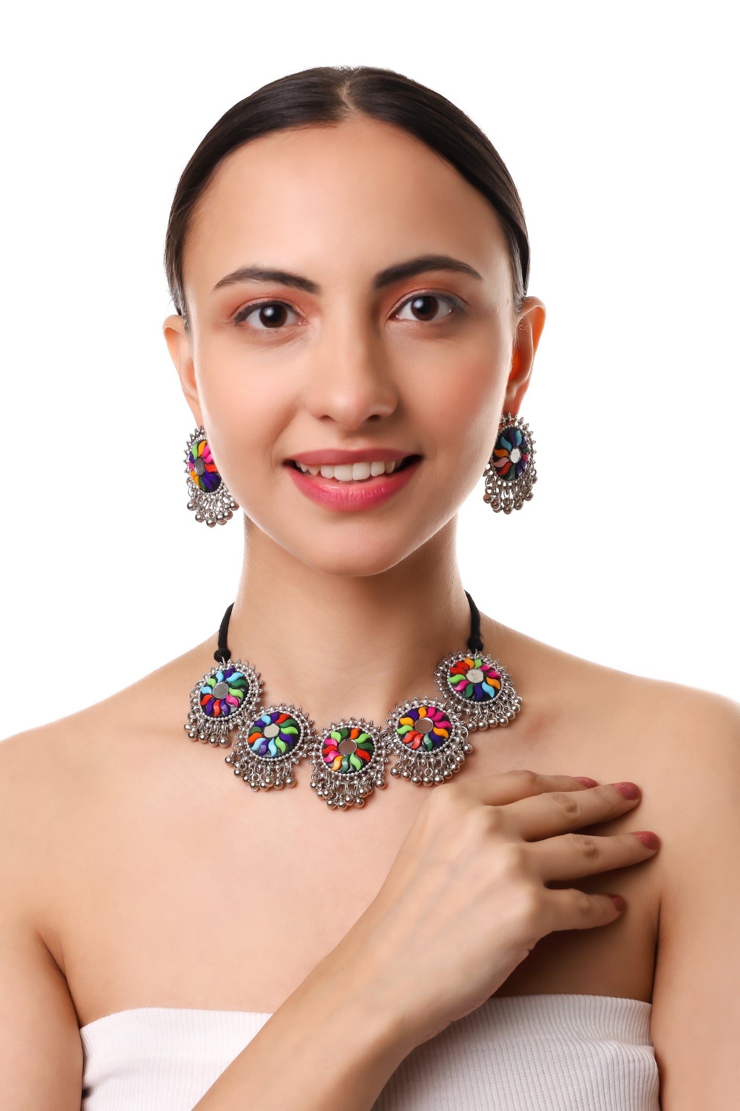 Traditional German Oxidised Mirror Necklace Set for Women and Girls Jewellery Set with Earring