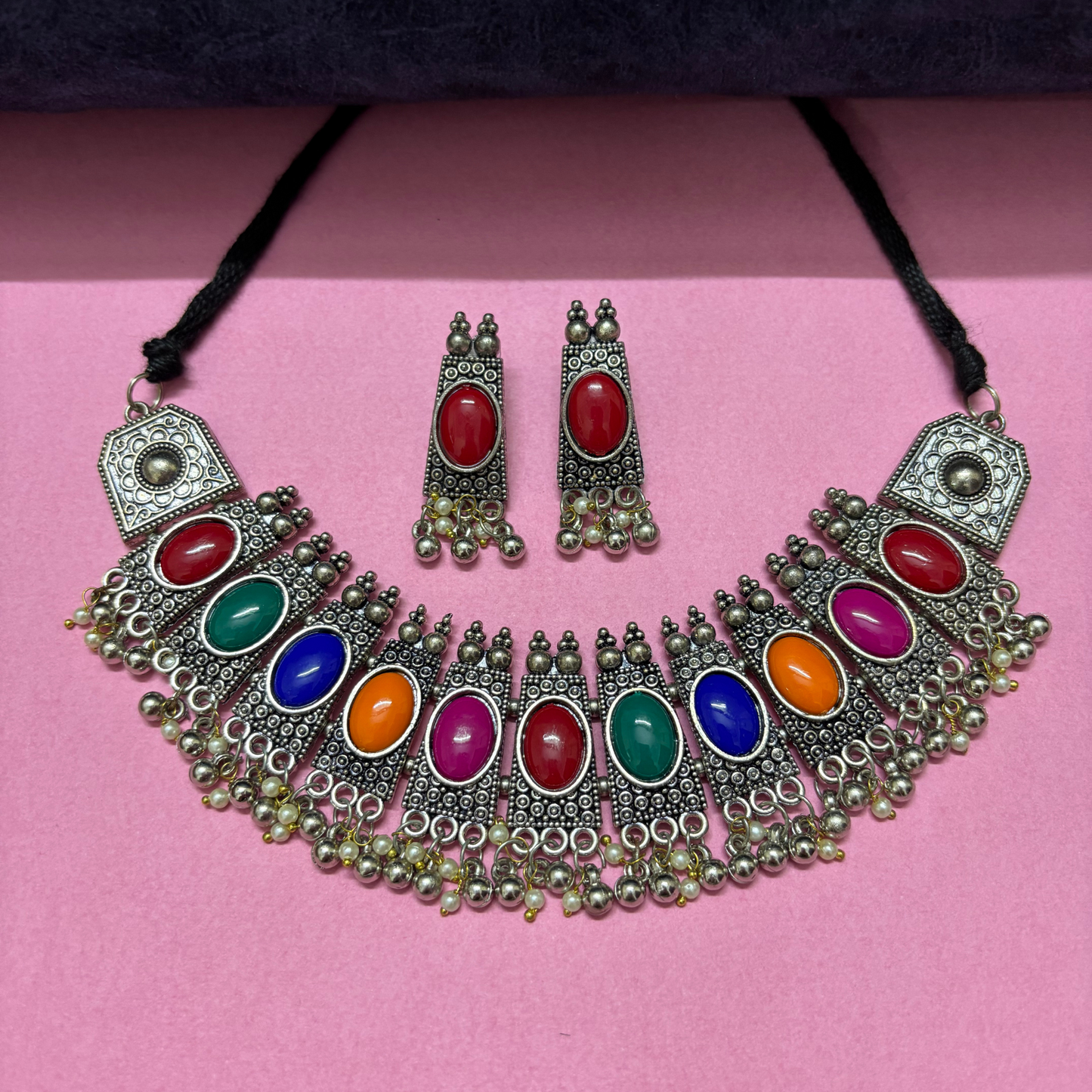 Oxidized silver multicolor choker jewellery set oxidized jewellery set