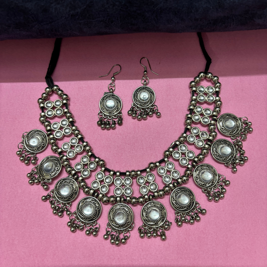Latest Stylish Traditional Oxidised Silver Necklace Choker Jewellery Set for Women And Girls