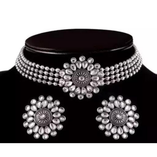 Silver-Plated Oxidised Stone-Studded & Beaded Necklace & Earrings