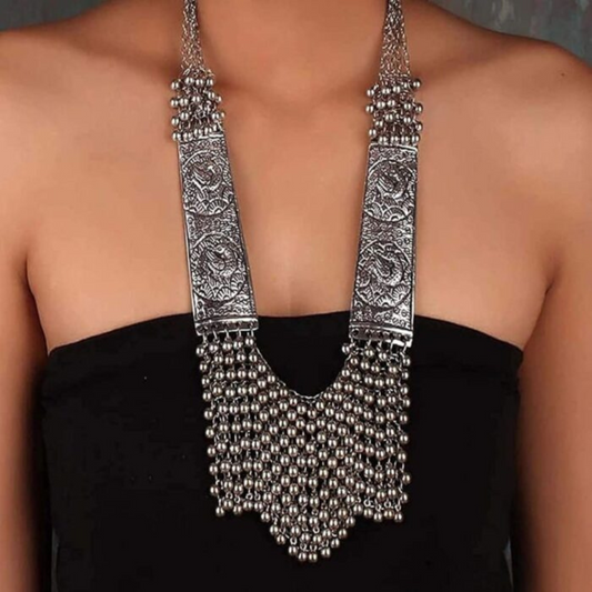Silver Alloy Necklace for womens or Girls.(oxidised chain ghungroo long necklace 35 cm)
