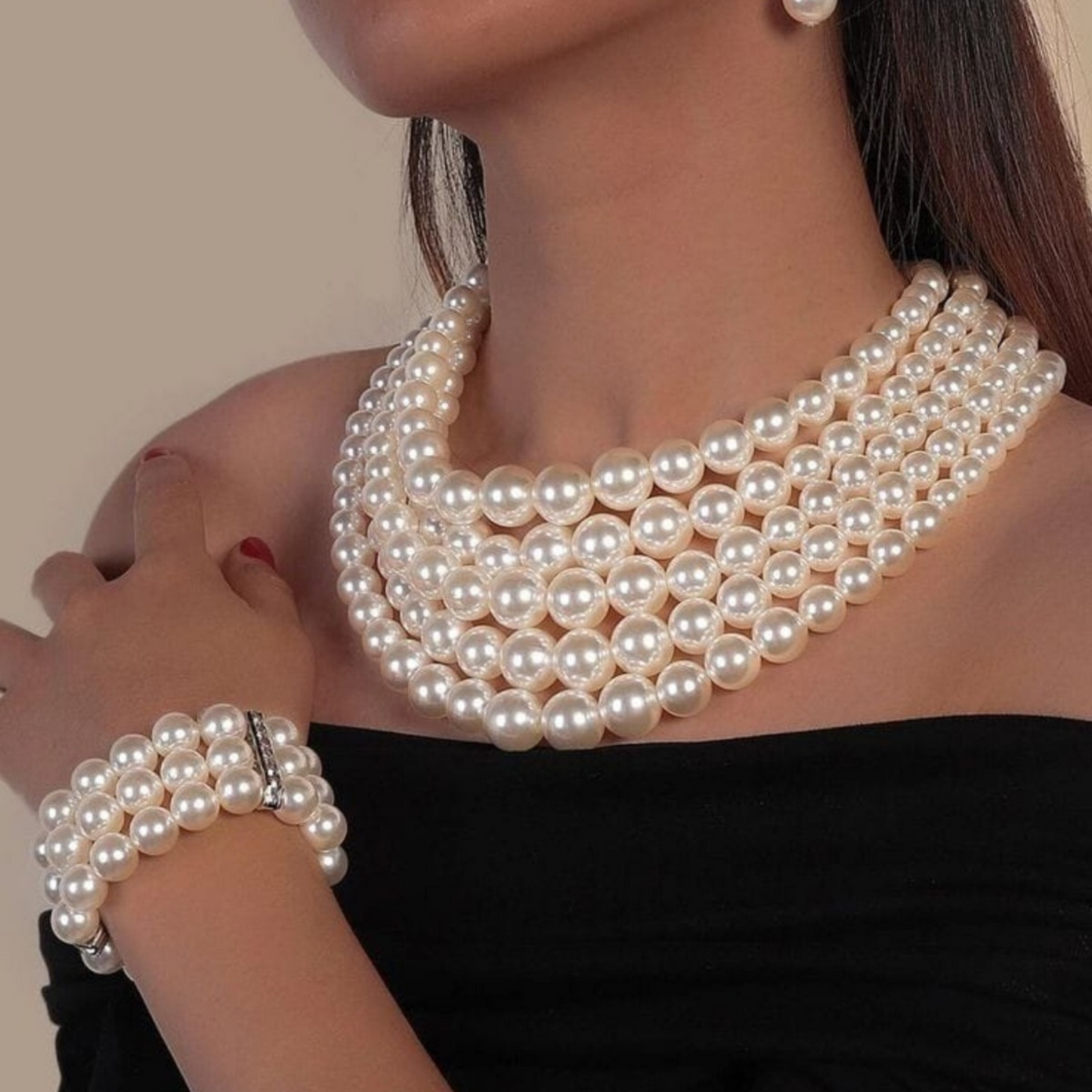 Classy Multi Strand Pearl 3 Piece Set, Necklace, Bracelet and Earrings