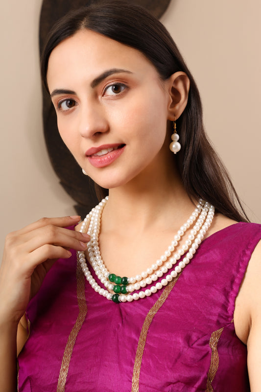 White Traditional Pearl 3 Lines Necklace Set Standard Size