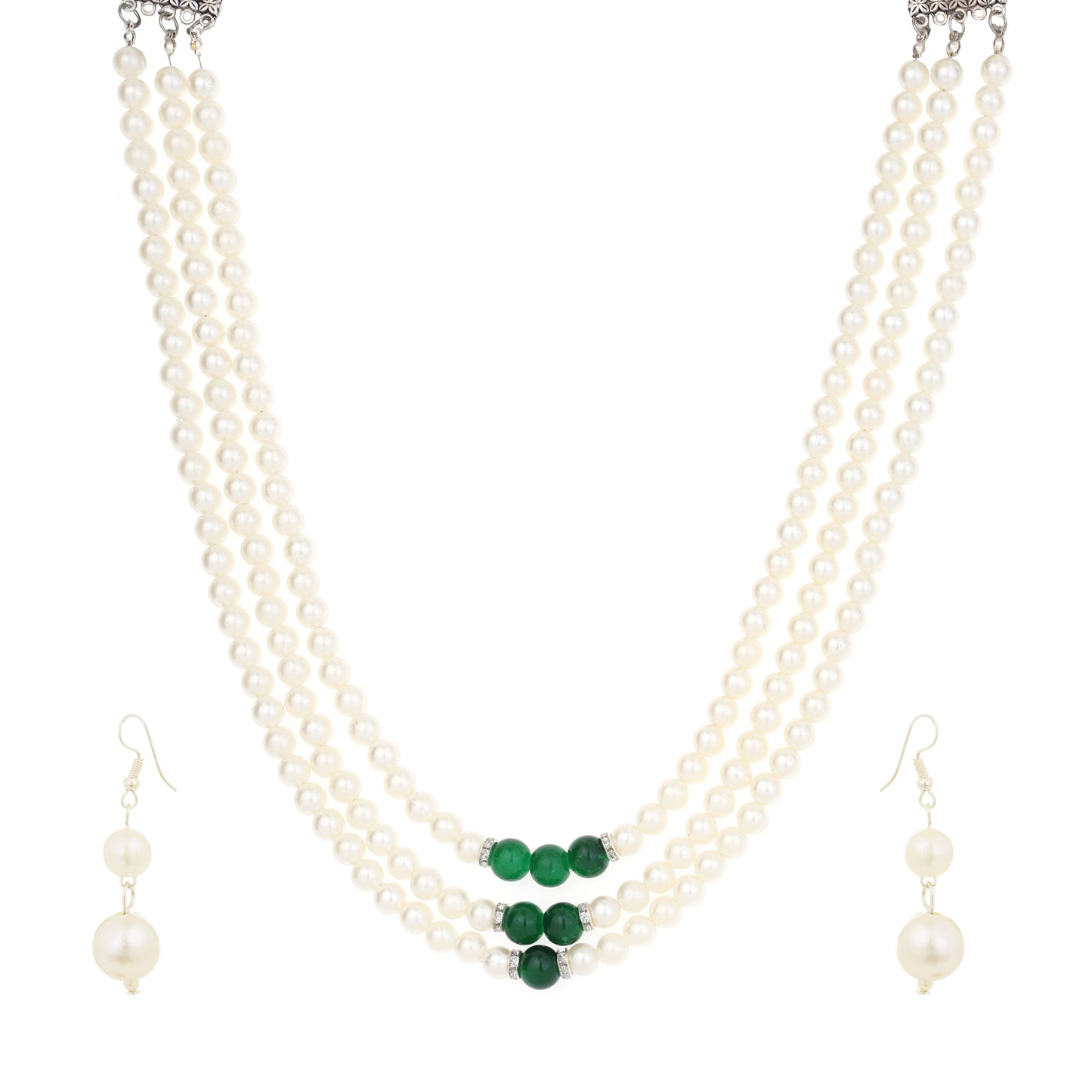 White Traditional Pearl 3 Lines Necklace Set Standard Size