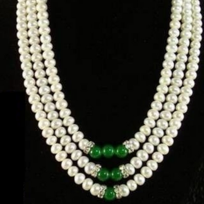 White Traditional Pearl 3 Lines Necklace Set Standard Size