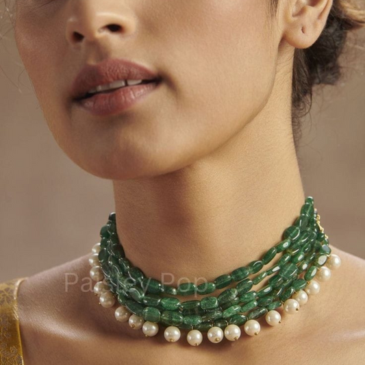 Jade Green Stone Choker Necklace: Indian Pearl Jewelry