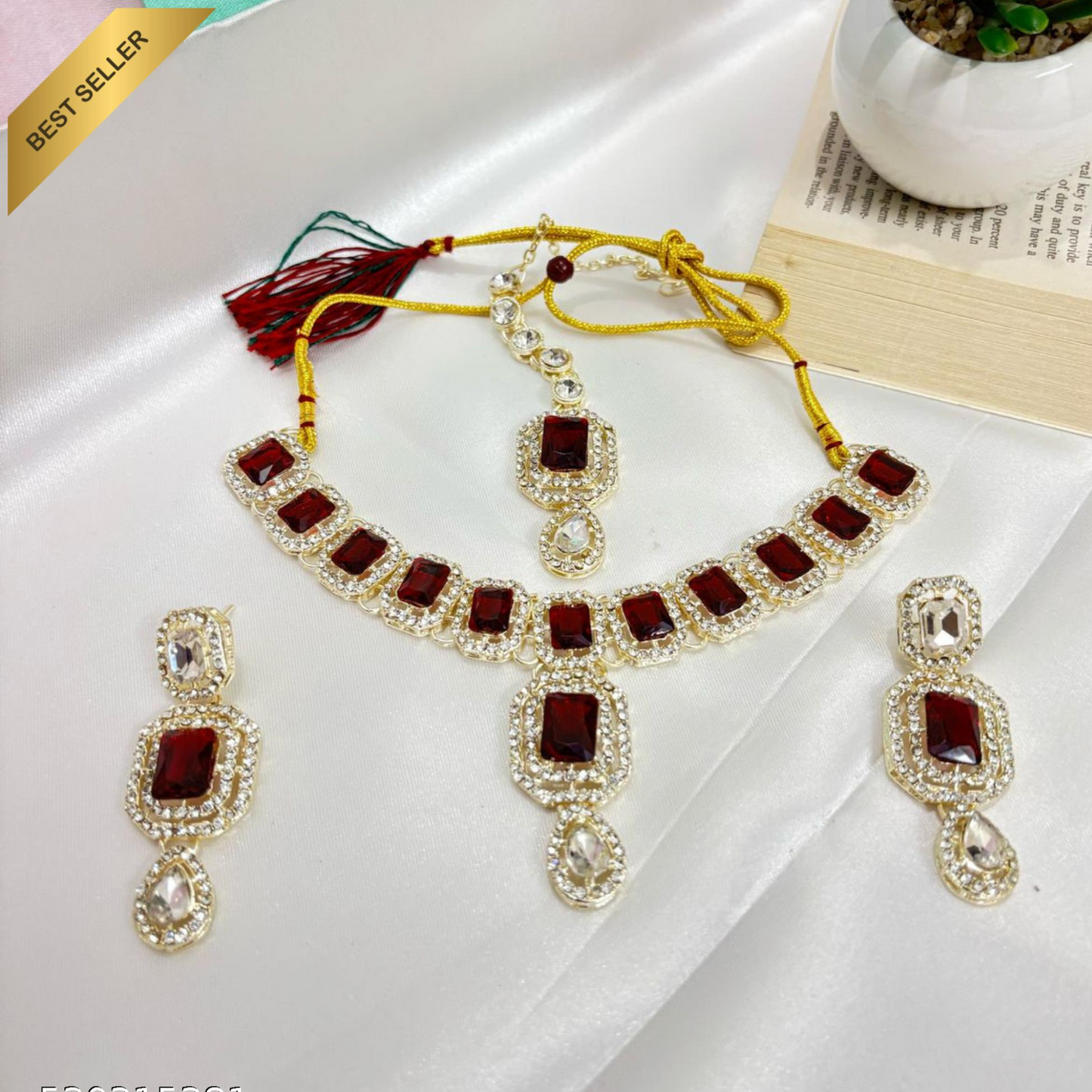 Elegant Ruby Red & White Stone Studded Necklace Set