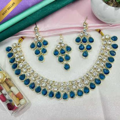 Exquisite Gold-Plated Necklace Set with Square Gemstones and Beads