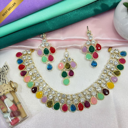 Exquisite Gold-Plated Necklace Set with Square Gemstones and Beads