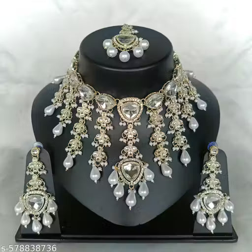 White Beads and Stone Long Necklace New Latest design