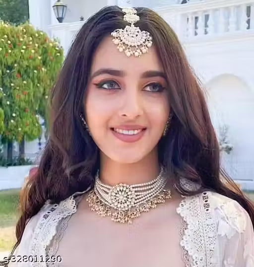 Gold Plated Traditional Pearl & Kundan Studded Choker Necklace Jewellery Set For Women And Girls