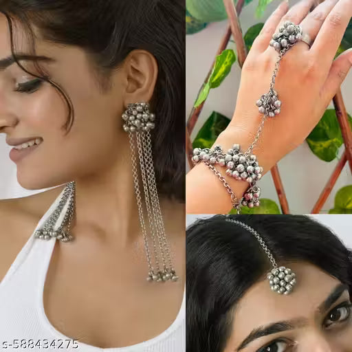 COMBO of 3 Oxidised Earrings chandbaliya jhumka with opanebal bracelet and bangle for Women & Girls | Traditional tika Accessories